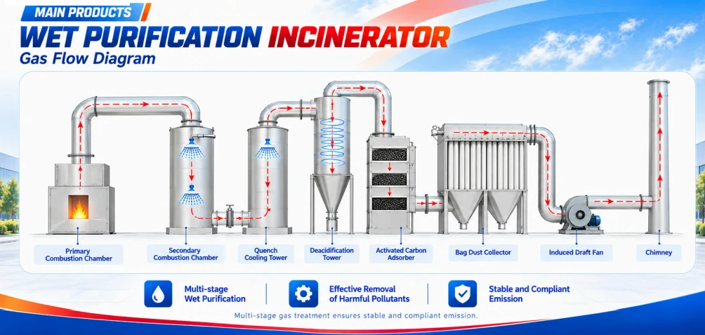 Wet purification incinerator gas flow diagram from combustion chamber to chimney