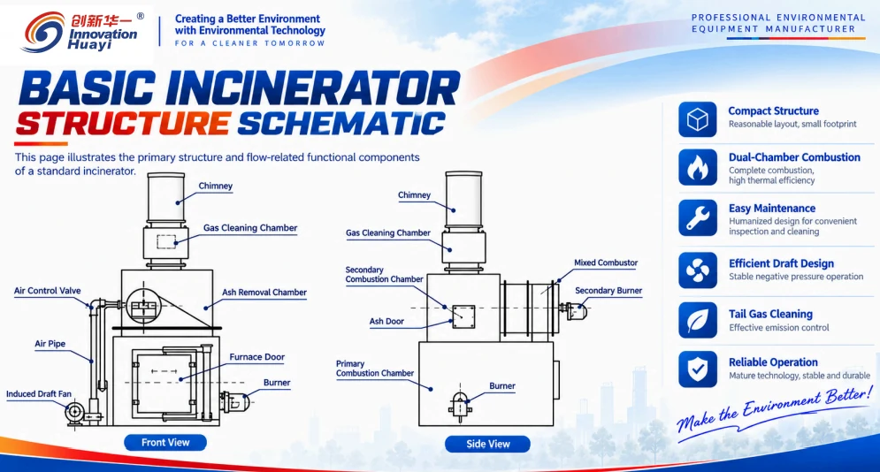 Basic incinerator structure schematic, front and side views